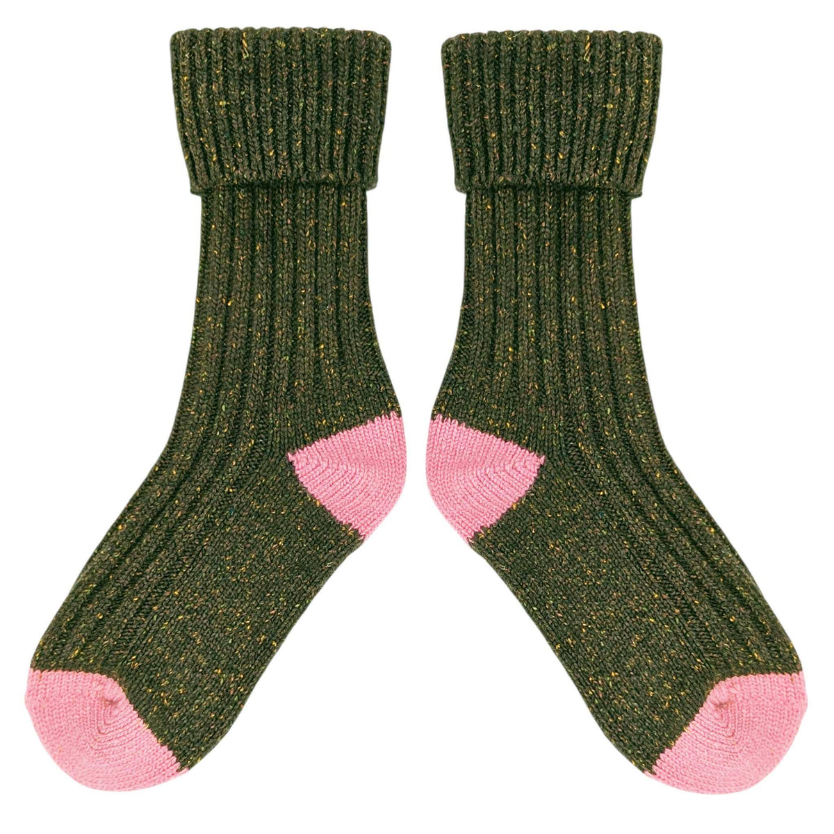 Catherine Tough - Unisex Recycled Silk Blend Ribbed Socks: Green & dusky pink - large