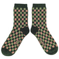 Catherine Tough - Women's Lambswool Ankle Socks SQUARES - GREEN / PINK