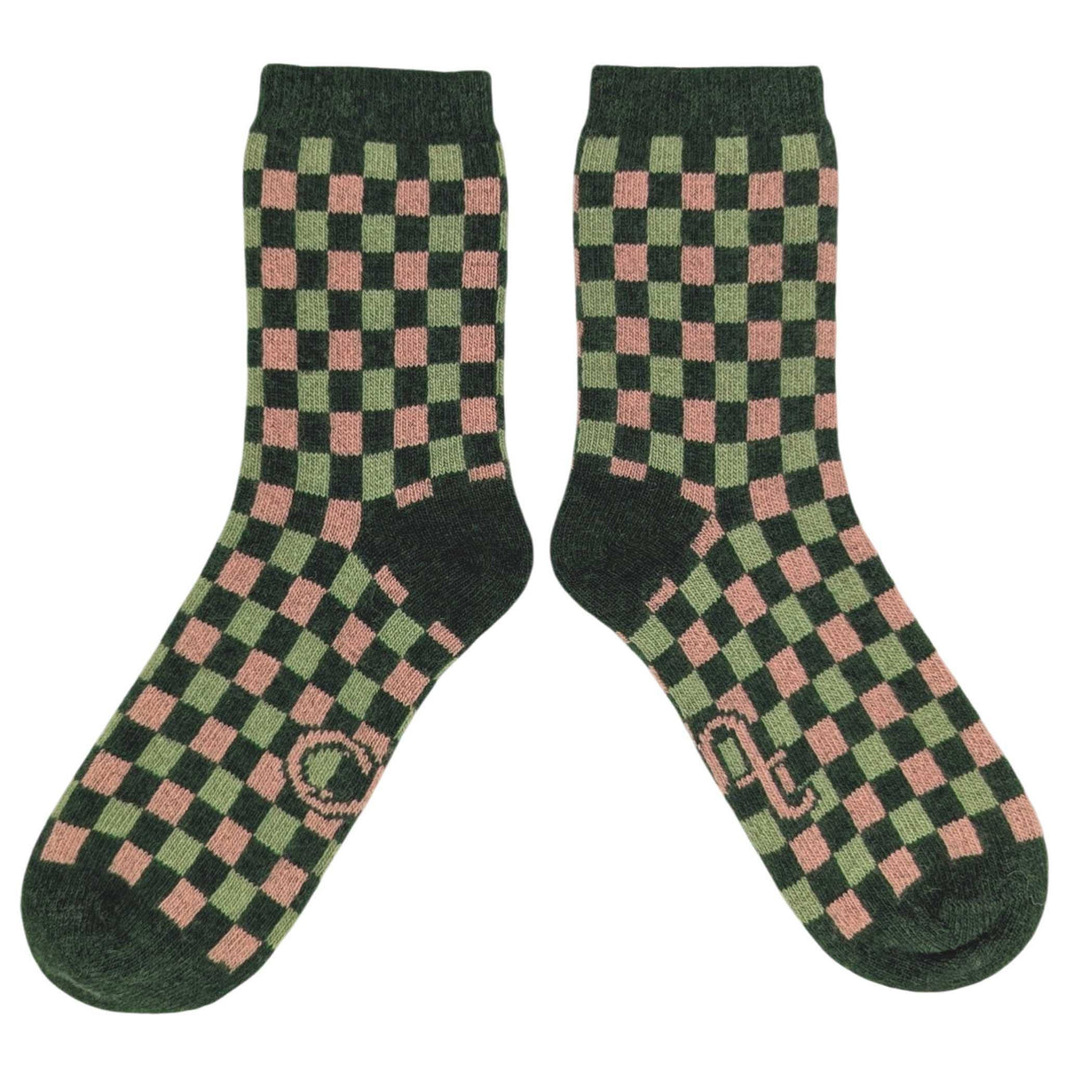 Catherine Tough - Women's Lambswool Ankle Socks SQUARES - GREEN / PINK