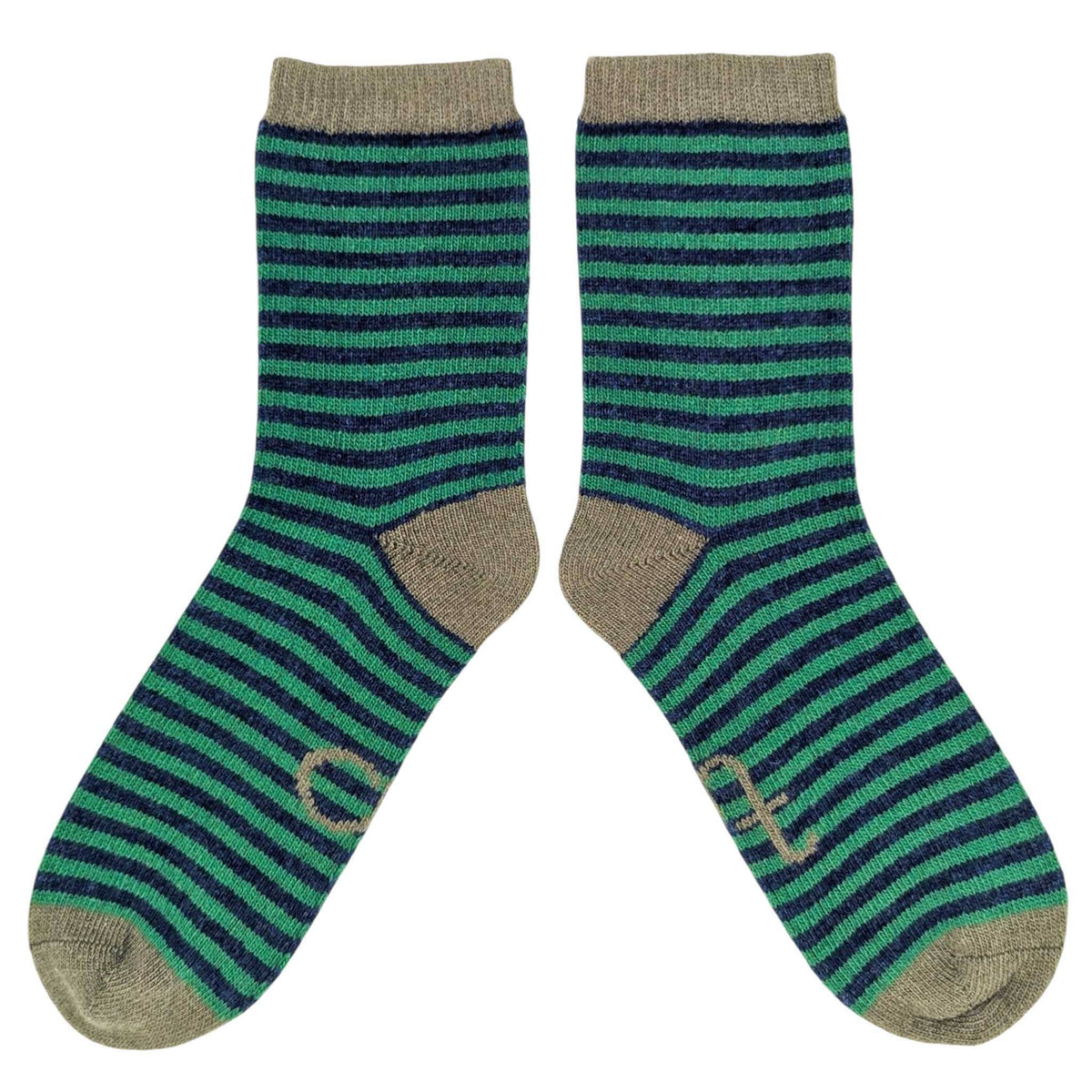 Catherine Tough - Women's Lambswool Ankle Socks FINE STRIPE - GREEN / NAVY