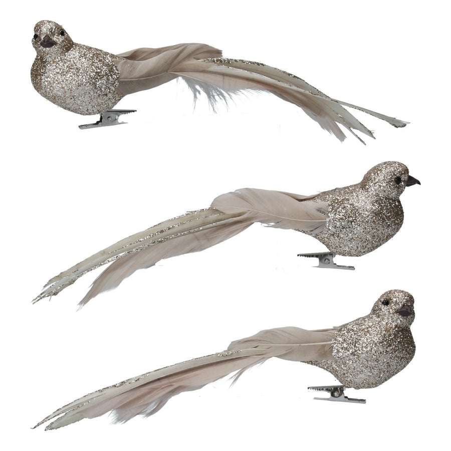 Pale Gold Sparkle/Feather Bird Clip, 3as .