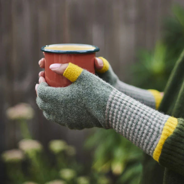 Catherine Tough - Woman's Fingerless Gloves / Soft Green & Electric Yellow / One Size