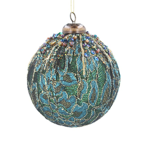 Beaded Bauble with Fabric Blue/Teal Flowers (10x10x10)