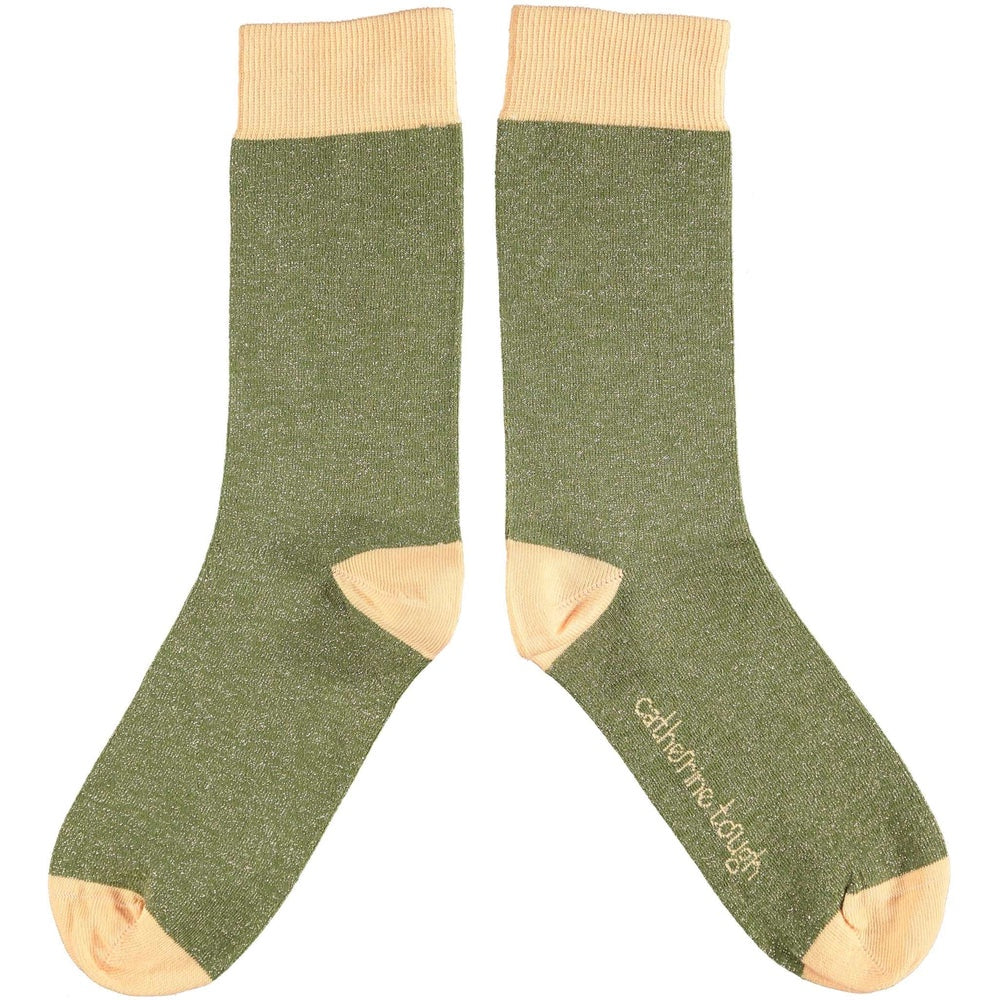 Catherine Tough - Women's Cotton Ankle Socks "LUREX" Khaki/Peach (Size 4-7 UK)