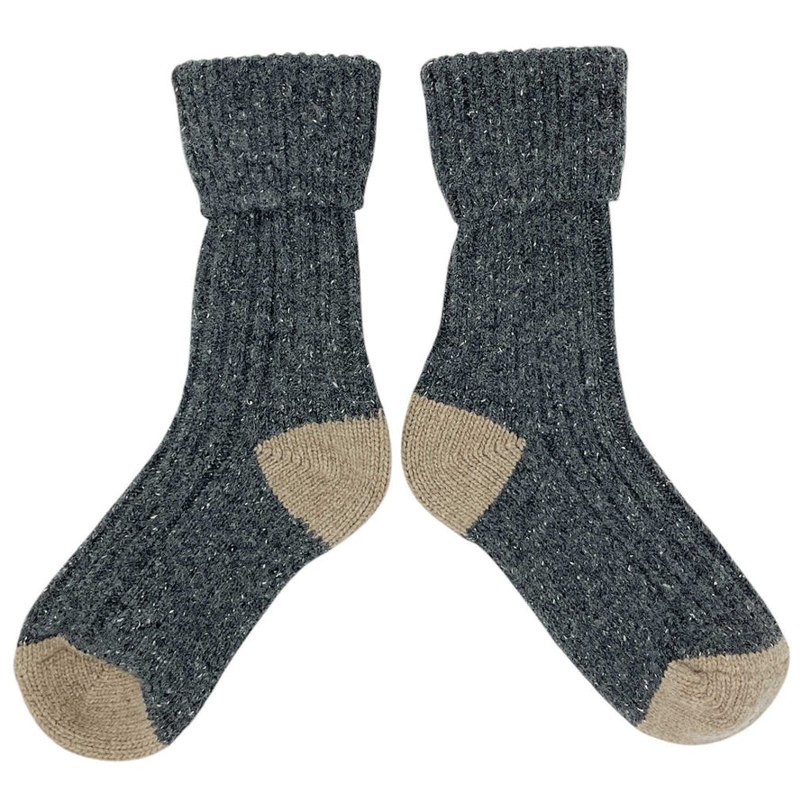 Catherine Tough Ankle Socks Lambswool & Silk Mid Grey & Brown Uk 4 - 7