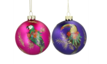 Matt Purple/Pink Glass Ball w Parrot/Toucan, .