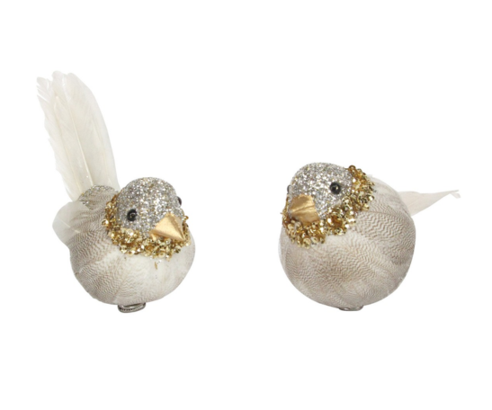 Pewter Sparkle/Beige Feather Bird On Clip, 2as .