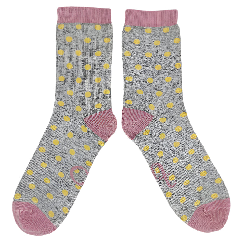 Catherine Tough - Women's Lambswool Ankle Socks "SPOTS" Grey/Yellow