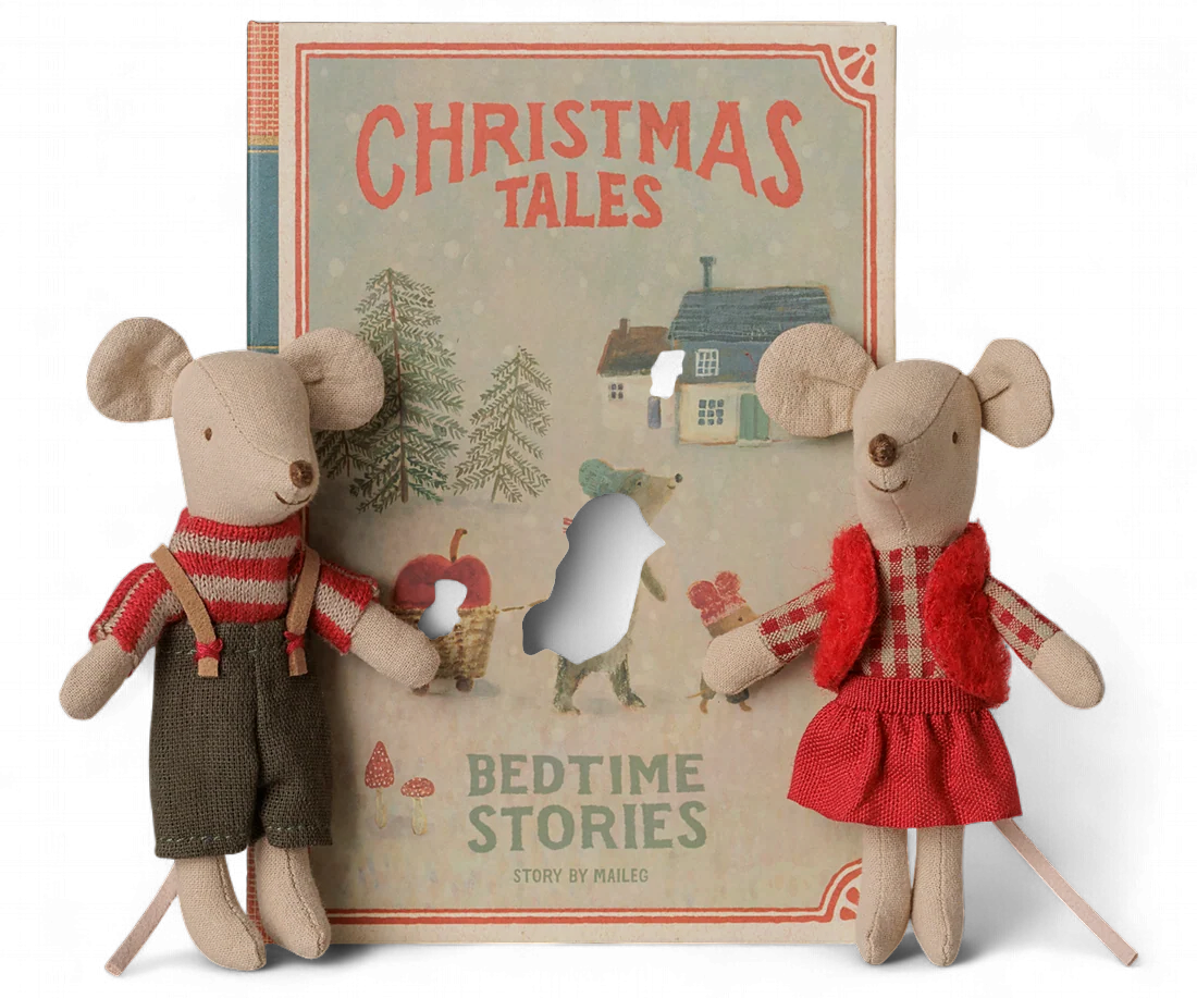Maileg - Christmas twin mice, Little sister & brother in book