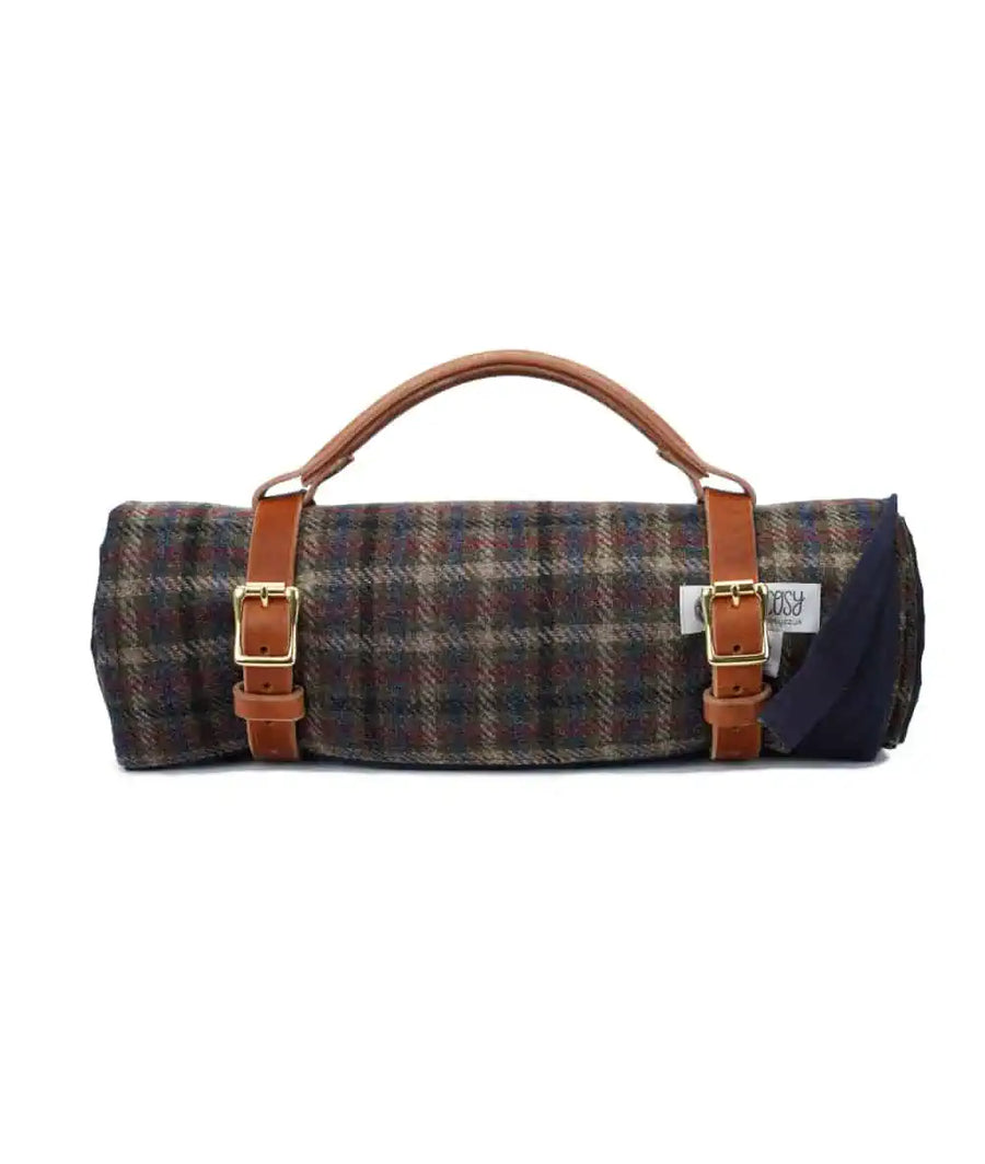So Cosy- Roll Up Violet Navy Wax Cotton & Wool Check Picnic Blanket
