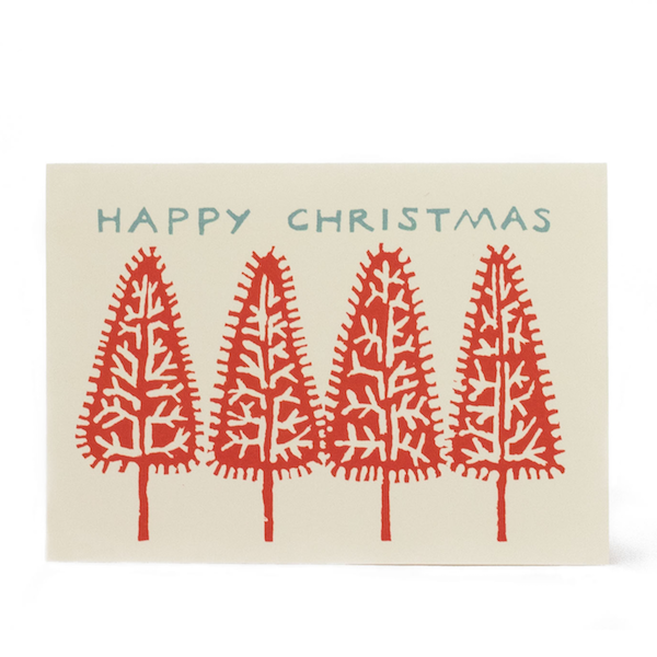 Cambridge Imprint- Pack of Ten Cards Happy Christmas Trees Coral and Pale Turquoise